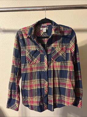 Natural Reflections Plaid Button-Up — Navy, Red, Green & Cream
